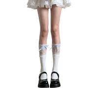 YUGSHNKFC Calze da donna giapponesi eleganti sopra il polpaccio in pizzo impiombato dolce nastro fiocco elasticizzato lunghezza al ginocchio calze in nylon con bordo in pizzo, Calze bianche e blu