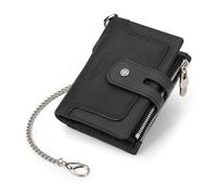 YUGSHNKFC Secure - Portafoglio corto da uomo con scomparti multipli e doppie cerniere portamonete in pelle PU con catena, Nero