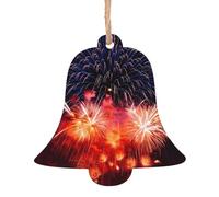 YUGTAEE Decorazioni natalizie in legno a forma di campana, 4 pezzi, fuochi d'artificio con cielo stampato da appendere agli alberi