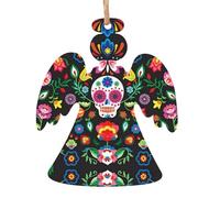 YUGTAEE Ornamenti natalizi in legno a forma di angelo, 4 pezzi, teschio horror e fiori stampati da appendere agli alberi di Natale