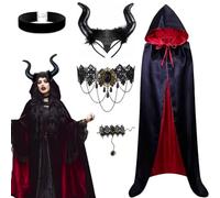 YuhoWon Costume Carnevale Malefica Donne, Corna Demonio Gotico con Mantello, Choker, Collane e Braccialetto - Accessori per Halloween Costumi