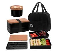 Yuhtech Bento box giapponese a 2 ripiani, portapranzo bento box con scomparti, contenitore per zuppe con posate, cucchiaio, coltello, forchetta e borsa termica, colore: nero