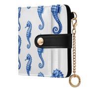 Yuiboo Portafoglio da donna con conchiglie colorate e stelle marine, sottile, pieghevole, unico, compatto, con cerniera, portamonete per uso quotidiano, Cavalluccio marino blu navy, one size, Art Deco