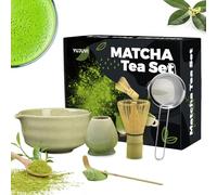 YUJUVI Matcha - Set da tè giapponese, 6 pezzi, ciotola in bambù, cucchiaio, supporto cucchiaio