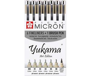 Yukama®, penne per rifiniture Sakura Pigma Art Edition, 6 penne per rifiniture Pigma Micron e 1 penna a pennello Pigma Brush, di colore nero