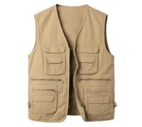 Yukirtiq Uomo Gilet Pesca Viaggio Tasche Gilet Sport Giubbino da Lavoro Cronista Caccia Fotografi All'aperto Gilet Safari Giacche senza maniche con Multi-Tasche, Cachi, L