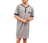 Yukiuiny Camicia da notte da uomo in cotone, pigiama a maniche lunghe, maniche corte, top di pigiama da uomo, maglietta lunga girocollo con bottoni per abbigliamento interno, maglietta di grandi