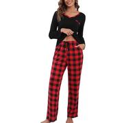 Yukiuiny Donna Pigiami Due Pezzi per Primavera Autunno: Maglia Collo V e Maniche Lunghe + Pantaloni a Quadri-Collo V/Nero Rosso/M