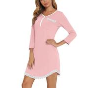 Yukiuiny Maglie Pigiama con Pizzo da Donna, Camicie da Notte in Cotone, Comodo Abbigliamento da Notte per Tutte Stagione,3/4 Maniche-Rosa/S