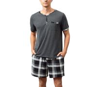Yukiuiny Pigiami Due Pezzi da Uomo per Estate-Maniche Corte,Henley Scollo;Pantaloncini a Quadri-Tipo D,M