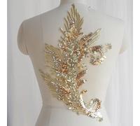 Yulakes 1 PZ Pailletten Piuma Applicazione, Patch da Cucire Ricamato in Pizzo con Scollo e Strass, Applicazione in Pizzo con Ricamo Floreale per DIY Scollo Abito da Sposa (Oro)
