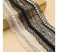 Yulakes 5 m di nastro di perle, nastro in pizzo con perle, per cucito, artigianato, matrimonio, decorazione, scrapbooking, confezione regalo, 4 cm (perle nere + bianche)