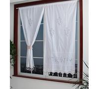 Yulakes Tenda Bianca in Lino e Cotone con Ricamo per Cucina, Tenda Corta per Cucina/Tenda Scorrevole per Caffè, Tenda per Sala da Pranzo con Bordo a Nappe a Crochet 70x150cm (1PZ)