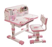 yulewiix Set di sedie e tavolo da studio per bambini, regolabile in altezza, set di sedie con motivo cartoni animati, grande tavoletta da scrittura, biblioteca, per scuola, rosa