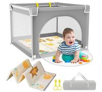 YUMBOT Box Bambini con Materassino 90x90cm,Recinto per Bambini con Tappeto Schiuma,Piccolo Box Neonato con Rete Visibile,Box per Bambini,Base Antiscivolo,Centro di Attività Interno ed Esterno,Grigio