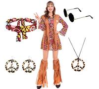 yumcute Costume da hippie anni '70 Collana Orecchini Occhiali da sole Vestito da discoteca da donna, Costume da festa anni '60, Abiti retrò di Halloween L