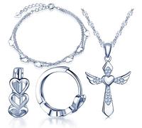 Yumi Lok in argento Sterling 925 zircone Cuore Croce Charm Collana Bracciale Orecchini a cerchio gioielli set collana con ciondolo collana orecchini set per donna ragazza