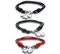 Yumilok 3 Braccialetti da Donna da Uomo a Quattro Foglie di Trifoglio in Acciaio Inossidabile Intrecciato con Fili di Cuoio (Nero, Rosso, Verde), Pelle, Acciaio Inossidabile
