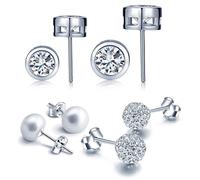 Yumilok, 3 coppie Basic 925, set di orecchini da donna in argento Sterling con zirconi e perle di cristallo, Shamballa orecchini a sfera per donne e ragazze