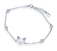 Yumilok - Braccialetto da donna in argento Sterling 925 con perle da 8 mm, con ciondolo a forma di gatto e gattino, con estensione