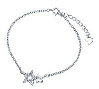 Yumilok, braccialetto in argento Sterling 925 con ciondolo a due stelle e zirconi, regolabile 16,5 - 19 cm
