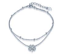 Yumilok Cavigliera Cavigliera Donna Ragazza Argento 925 Bracciale Trifoglio con Perle Doppia Catena Colore Argento One Size Argento Sterling Zircone Cubic Zirconia, One Size, Argento sterling,