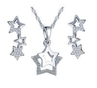 Yumilok, collana da donna con ciondolo a forma di stella o pentagramma e luna con zirconi e orecchini a cerchio, set regalo per donne e ragazze in argento
