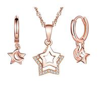 Yumilok Collana da donna in argento sterling 925, con ciondolo a forma di stella, luna, zirconi, set di gioielli in oro rosa per donne e ragazze