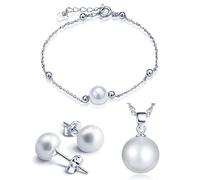 Yumilok - Collana di perle, argento sterling 925, braccialetto con charm, orecchini da buco, parure di gioielli catenina con ciondolo, bracciale, orecchini, set da donna/ragazza