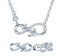 Yumilok Parure di gioielli collana e orecchini, collana con ciondolo e orecchini a forma di ancora e simbolo dell'infinito in argento 925, gioielli per donne e ragazze, zirconi, 41.5+4cm, Argento