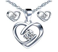 Yumilok - Parure di gioielli con collana e orecchini da donna, in argento sterling 925, con cuore e zirconi, Argento sterling