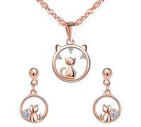 Yumilok - Parure di gioielli da donna con ciondolo a forma di gatto e orecchini da donna in argento Sterling 925, oro rosa, per donne e ragazze