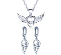 Yumilok, set con collana a doppio cuore con ali di angelo e orecchini con pendenti; in argento Sterling 925 e zirconi; per donne e ragazze