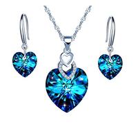 Yumilok - Set con collana da donna in argento Sterling 925, con ciondolo blu con zirconi in stile "cuore dell'oceano" e orecchini pendenti, per donne e ragazze