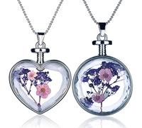 Yumilok - Set di 2 ciondoli in vetro trasparente, uno a forma di cuore e uno rotondo, con all'interno veri fiori essiccati di non ti scordar di me (myosotis), colore viola, per donne/ragazze.