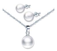 Yumilok Set di Gioielleria da Donna, Collana da Donna, Orecchini a Perno Vintage, con Perle Bianche in Argento Sterling 925, Pearl Diameter: 1cm (Pendant), 0.8cm (Earrings), Argento sterling Perla