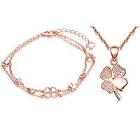 Yumilok, set in argento Sterling 925, composto da bracciale, collana e ciondoli a forma di quadrifoglio, colore oro rosa, con zirconia, per donne e ragazze