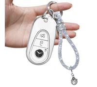 Yumzeco Cover Chiave Compatibile con Mercedes Benz con Portachiavi con Diamanti, Cover Portachiavi a 3 Pulsanti per Mercedes Benz S G E GLC EQE EQS 2020-2024, Cover per Chiave Morbida in TPU-Bianco