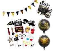 YunBey Foto Props per Feste Notturna al Cinema, Decorazioni di Palloncini e Striscione, Photo Booth Accessori per feste a tema Hollywood per Compleanno Festival