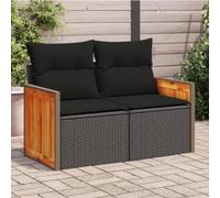 YunCangg Divano da giardino a 2 posti, nero, con cuscino, in polyrattan, resistente alle intemperie, per giardino, balcone, terrazza, con imbottitura e piedini regolabili