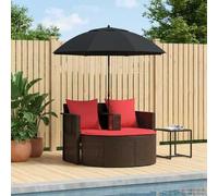 YunCangg Divano da giardino in polyrattan marrone e rosso, 168 x 168 x 180 cm, con ombrellone regolabile, resistente alle intemperie, per balcone, terrazzo, piscina, include sgabello e cuscini da