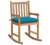 YunCangg Sedia a dondolo in legno di teak massiccio con cuscino azzurro, resistente alle intemperie, con schienale e braccioli, ideale come sedia da giardino, sedia da balcone o sedia relax per