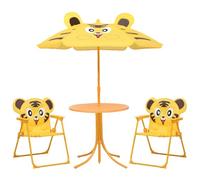 YunCangg Set da 3 pezzi da giardino per bambini, con ombrellone giallo, telaio in acciaio, sedie pieghevoli, tavolo da 50 cm, materiale resistente alle intemperie, per terrazza, balcone, divertimento
