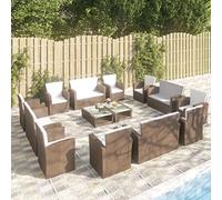 YunCangg Set da giardino da 16 pezzi, in polyrattan, marrone, con cuscini, resistente alle intemperie, per terrazza, balcone, telaio in acciaio verniciato a polvere, tavolo in vetro, comode