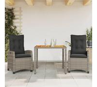 YunCangg Set da pranzo da giardino, 3 pezzi, grigio, con cuscino, in polyrattan, resistente alle intemperie, tavolo da giardino in legno di acacia, 90 x 90 x 75 cm, 2 sedie da giardino regolabili, per