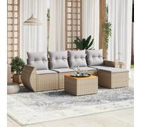YunCangg Set di 6 divani da giardino in polyrattan beige, con cuscino, resistente alle intemperie, per terrazza, balcone e giardino d'inverno, con tavolo in legno di acacia e spazio per il relax e il