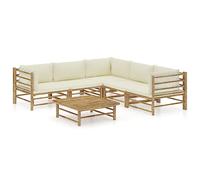 YunCangg Set di 6 mobili da giardino in bambù con cuscino bianco crema, resistente alle intemperie, per terrazza, balcone, con tavolo, divano, panca, ideale per veranda, giardino d'inverno, momenti di