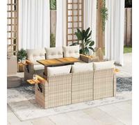 YunCangg Set di 7 divani da giardino in polyrattan e acacia con cuscino, in polyrattan intrecciato resistente alle intemperie, set modulare per terrazza, balcone, giardino d'inverno e veranda