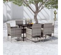 YunCangg Set di 7 mobili da giardino con cuscini, grigio e nero, tavolo in acciaio verniciato a polvere, 140 x 70 x 74 cm, sedie in rattan sintetico, resistente alle intemperie, per terrazza, balcone