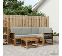 YunCangg Set di divani da esterni, 5 pezzi, in poliestere e legno di acacia massiccio, grigio chiaro, modulare per giardino, terrazza, balcone, combinazione flessibile per rilassarsi e mangiare